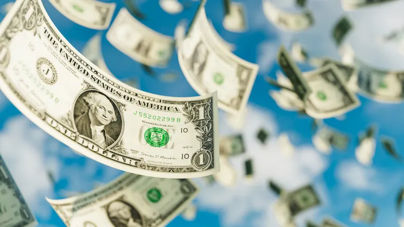 Depicts flying U.S. dollar bills against a blue-sky background, symbolizing financial transactions or cash flow.
