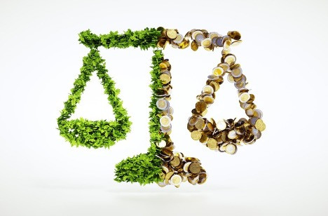 A scale made of greenery and coins, representing the balance between environmental sustainability and economic considerations.